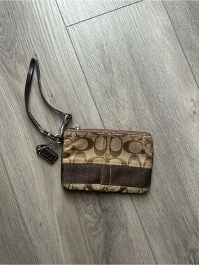 Coach Brown Signature Canvas Wristlet with Leather Trim